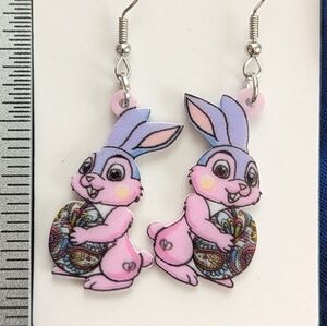 NWT Adorable Purple Easter Bunny w/ Decorated Egg Dual-Sided-Print Earrings